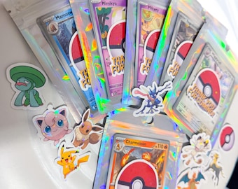 May include: A collection of Pokemon trading cards in holographic zip bags, with stickers of various Pokemon characters. The cards feature colorful designs and the text "THANK YOU FOR COMING!" on a red and white Pokeball.
