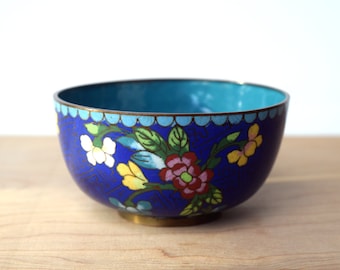 Vintage Chinese enamel Cloisonne bowl Blue floral Asian antique enamelware dish