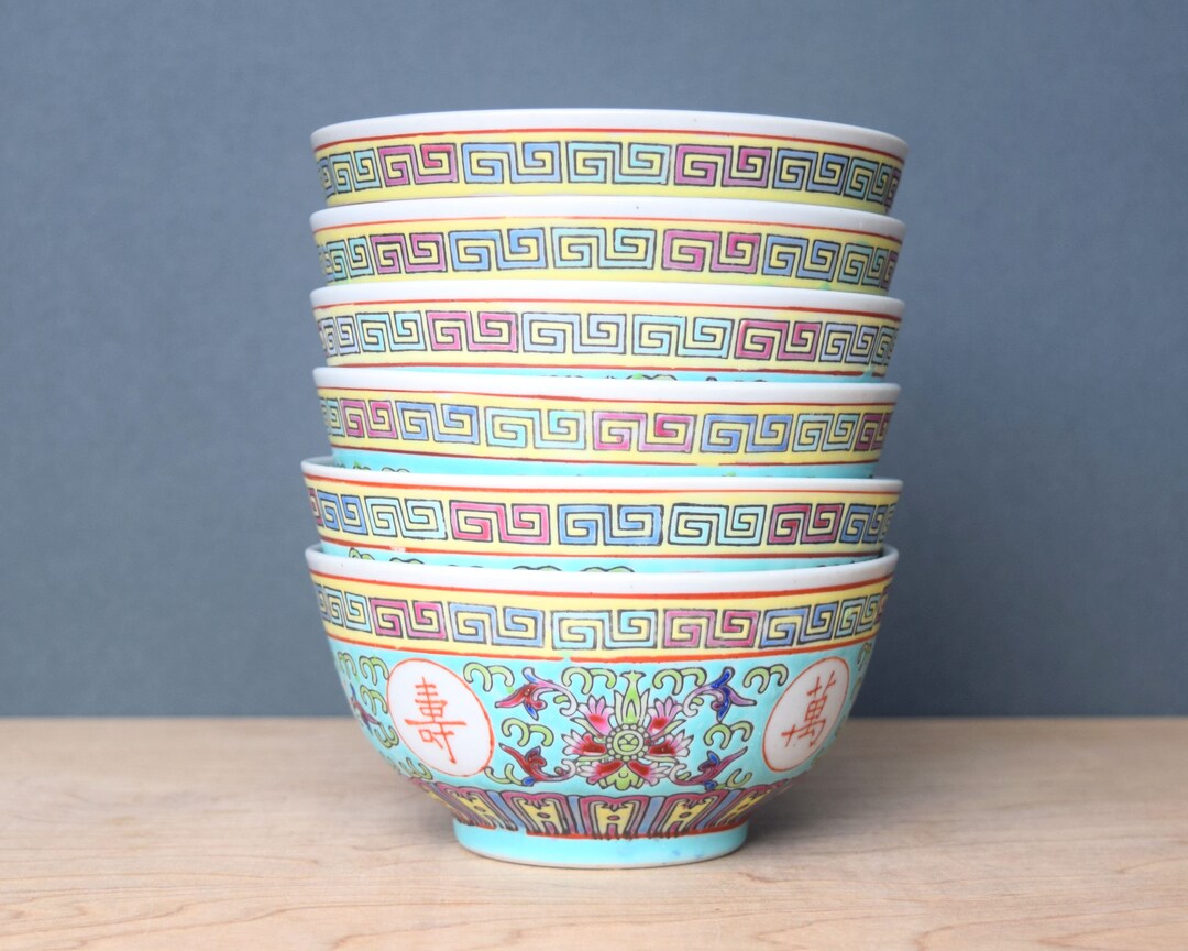 Vintage Chinese Rice Bowls 6 Famille Verte Mun Shou Etsy
