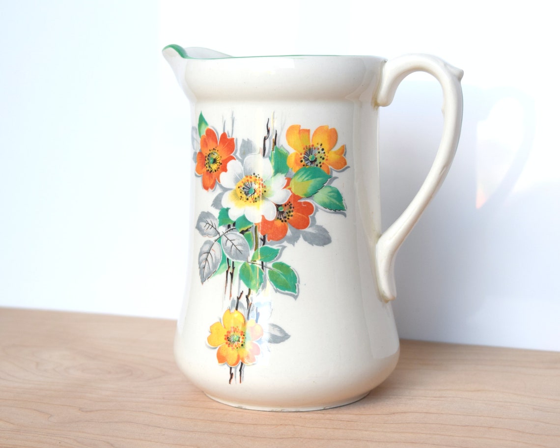 Vintage large milk jug with art deco floral pattern ceramic Etsy
