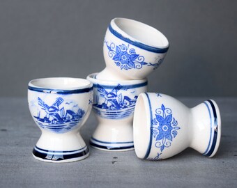 Vintage Delft windmill egg cups Set of four blue and white antique Dutch egg servers