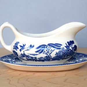 English Ironstone Tableware Old Willow gravy boat and saucer Blue and white transferware