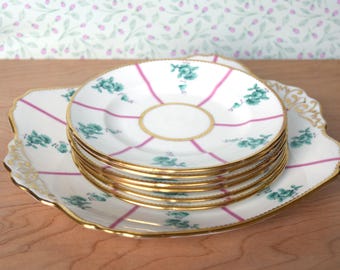 Vintage smörgåsset Tårtfat Rosa ränder och gröna rosor Grattisförgyllning