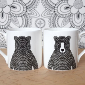 Large Bear mug Fine bone china with a black and white hand-drawn illustration Woodland animal Black bear Grizzly bear