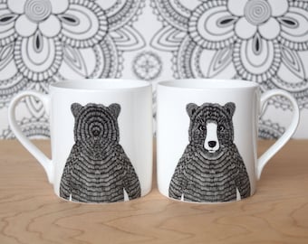 Large Bear mug Fine bone china with a black and white hand-drawn illustration Woodland animal Black bear Grizzly bear