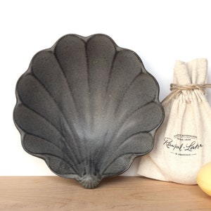 Vintage Shelf pottery seashell Scallop shaped soap dish Ceramic stoneware trinket dish Stone grey