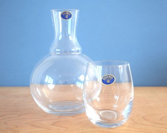 Vintage bedside water carafe Decanter and glass set Bohemia Czech Republic glassware