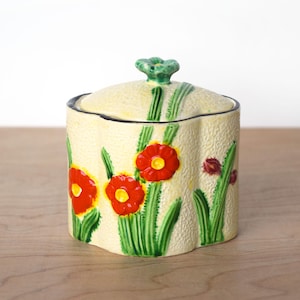 May include: A white ceramic sugar bowl with a lid, decorated with red and green flowers. The bowl has a scalloped edge and a textured surface.