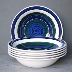 Set of two Rörstrand Sweden bowls Banda range with blue green and white stripes