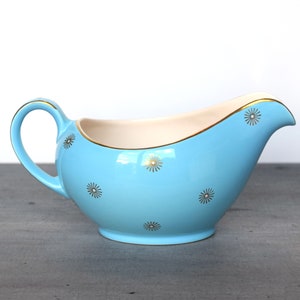 Vintage sky blue turquoise Alfred Meakin Morning star gravy jug boat 1950's gilded starburst pattern