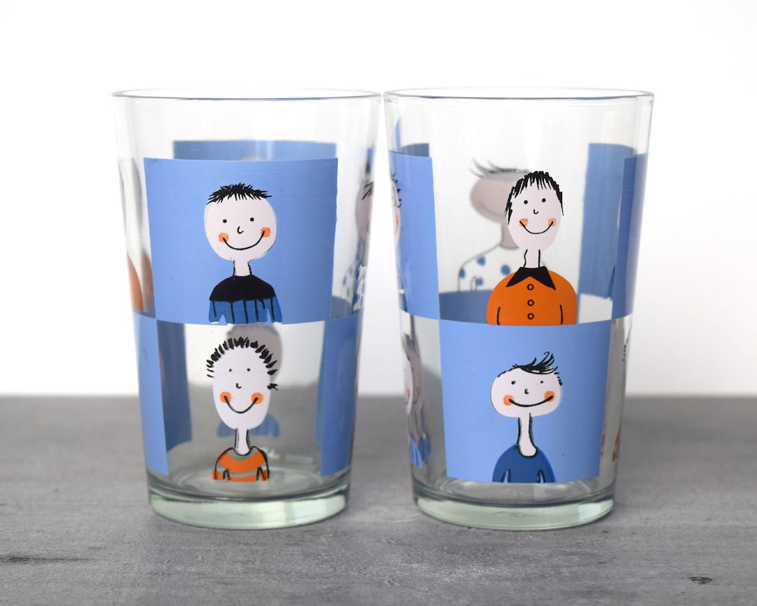 Two Vintage Children's Drinking Glasses With Checked Etsy