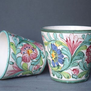 Two vintage Italian sgraffito floral plant pots Planters with rose motif Green foliage leaves Pink and blue 1960s pottery Made in Italy