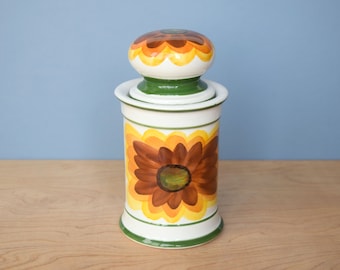 Vintage Portuguese ceramic storage jar Hand painted sunflower Bubble top container Retro canister Made in Portugal