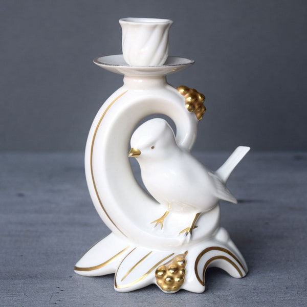 Vintage bird candleholder White porcelain and gilding Gerold porzellan Germany Tettau Bavaria
