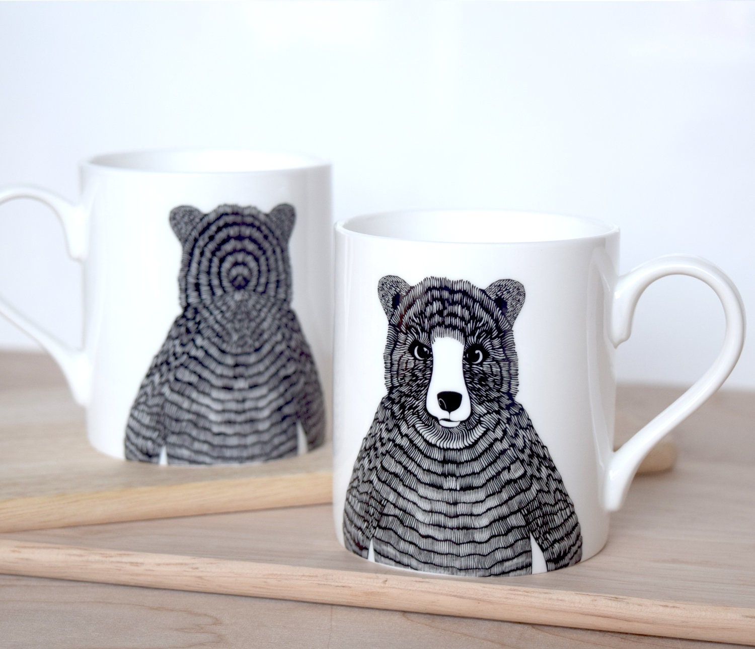 Mug d'ours Porcelaine Fine en Os avec Une Illustration Noir et Blanc Dessinée à La Main Animal Des B