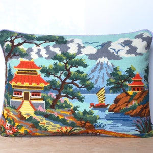 Handmade cross stitch cushion with Japanese scenery with mountains, completed embroidered cushion cover, finished ready-made pillow