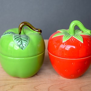 Two jam pots Strawberry and green apple shaped Vintage Japanese