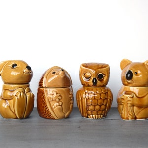 Może przedstawiać: Zestaw czterech ceramicznych pojemników w kształcie zwierząt. Pojemniki są brązowe i przedstawiają królika, jeża, sowę i koalę.