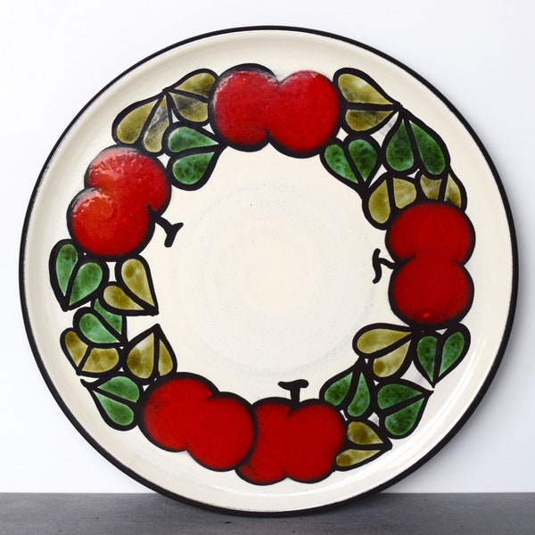 Large vintage Swiss plate by Burkart Handarbeit Red apples Fat lava style Pomona pattern