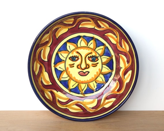 Vintage hand painted sun face bowl Colourful Mediterranean studio pottery