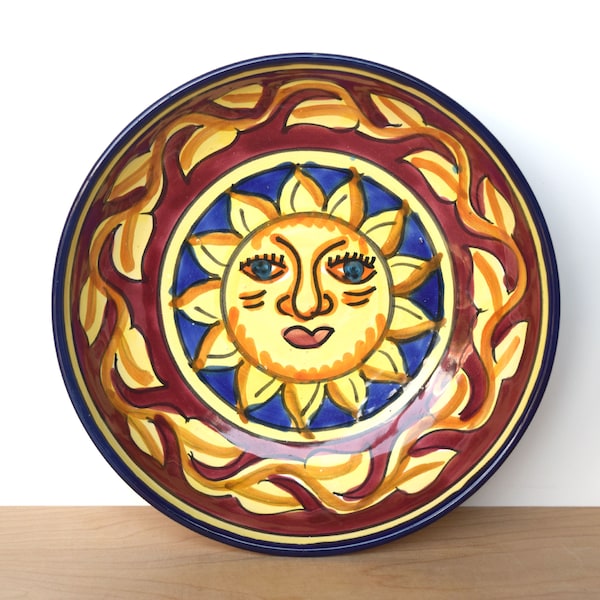 Vintage hand painted sun face bowl Colourful Mediterranean studio pottery