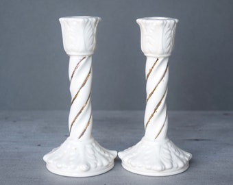 Vintage ceramic candleholders Cream white with gold stripes Embossed leaf pattern