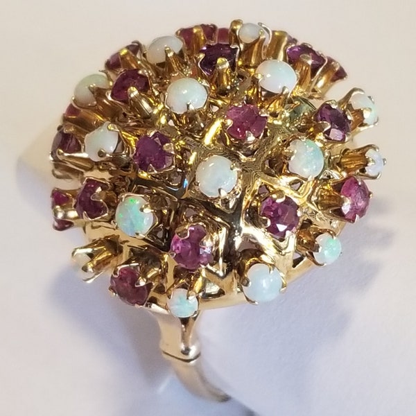 18K yellow gold 1960's Sputnik Ring Opals and Rubies