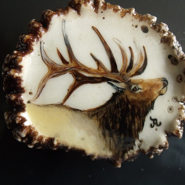 antler belt buckle with painted Bull Elk on elk antler Rosette