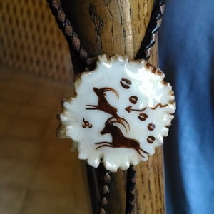 Hand-Painted Antler Bolo Tie: Pictograph Rams, Braided Leather