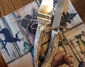 XL Elk Antler Wedding Cake Knife and Server Set, Serrated Stainless Steel