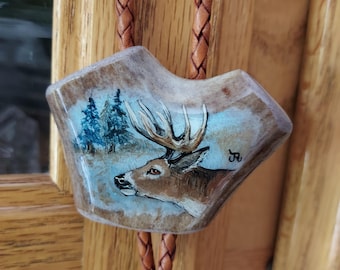 Hand-Painted Whitetail Buck Antler Bolo Tie, Braided Leather, Antler Tips