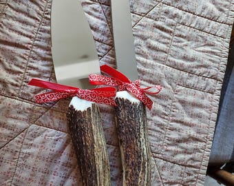 Elk Antler Wedding Cake Knife and Server Set, Serrated Stainless Steel, genuine antler handles