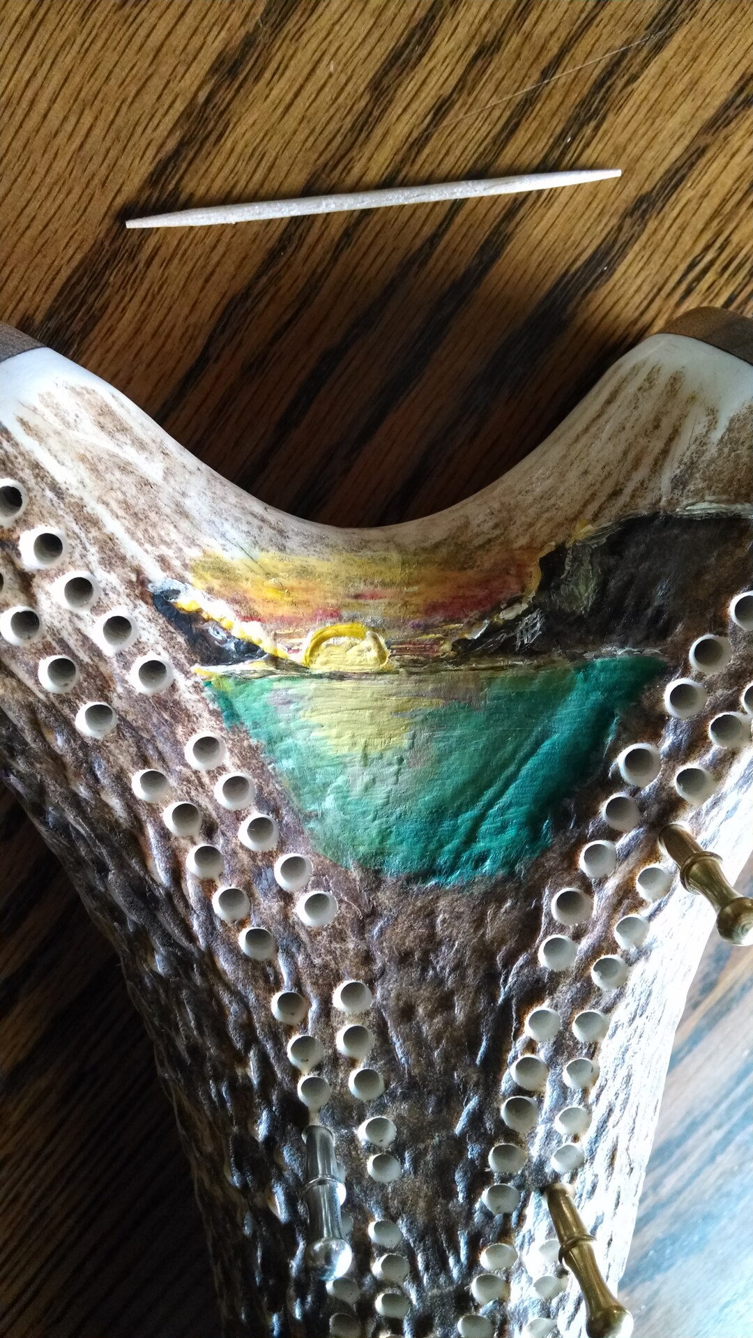 XL Elk Antler Cribbage Board 111/2l X 6w. Original Mountains, Sunset