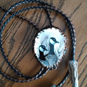 Hand-Painted Canadian Goose Antler Bolo Tie: Two-Tone Braided Leather