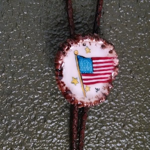 Hand-Painted American Flag Bolo Tie: Elk Antler Burr, Braided Leather