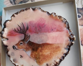 Hand-Painted Whitetail Deer Buck Belt Buckle on 3-1/4" Elk Antler Rosette, Jan Adams Artwork