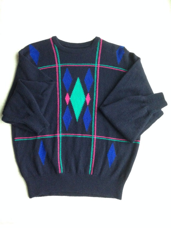 Pringle Scotland Navy Blue Neon Art Deco Print Swe