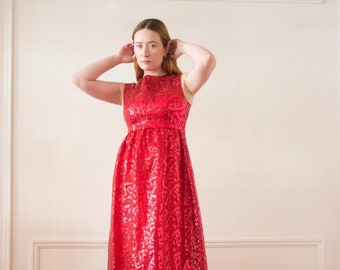 1960s Red Sequined Empire Waist Dress