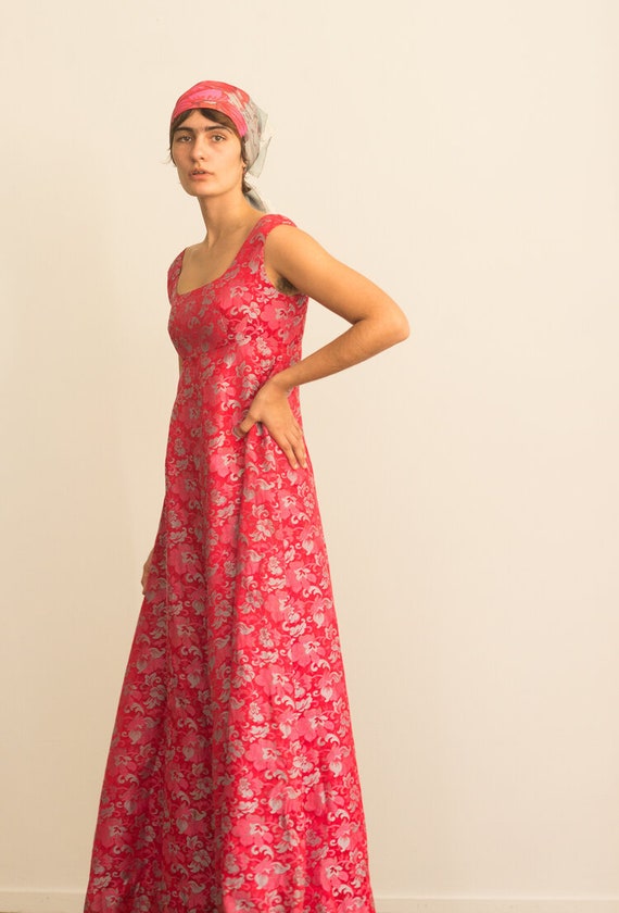 1960s Empire Waist Red and Pink Brocade Gown