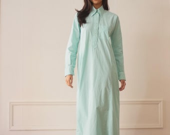 1970s Pale Teal Cotton Point Collar A-Line Shirt Dress