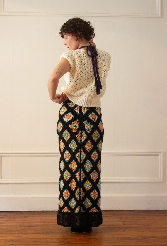 1970s Crocheted Granny Square Maxi Skirt