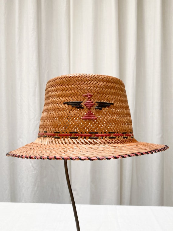 1930s HandCaned Rattan Hat with Thunderbird Motif Gem