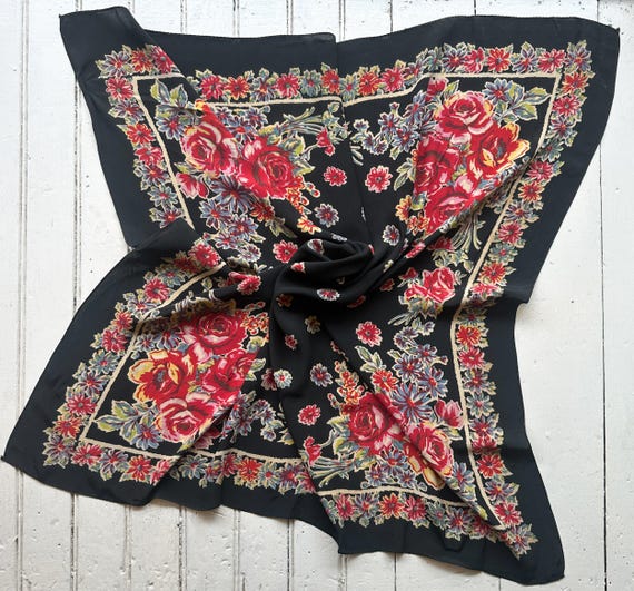 1940s Large Square Silk Floral Foulard Scarf - image 1