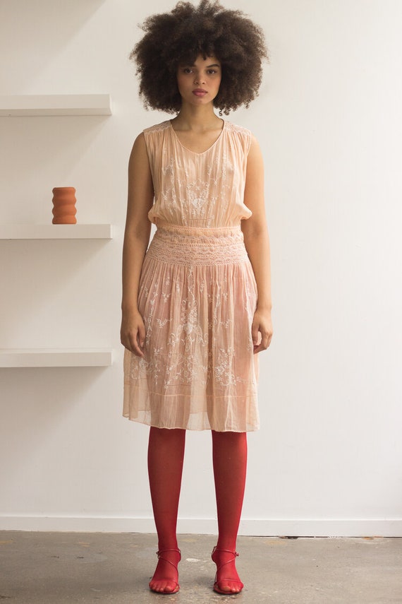 1930s Peach Cotton Voile Hungarian Embroidered Dre