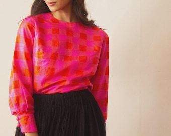 1960s Pink and Red Silk Madras Blouse with Tie