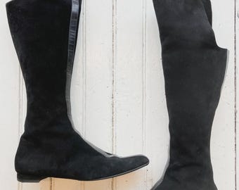 1990s Manolo Blahnik Black Suede Over-the-Knee Boots with Leather Stripe