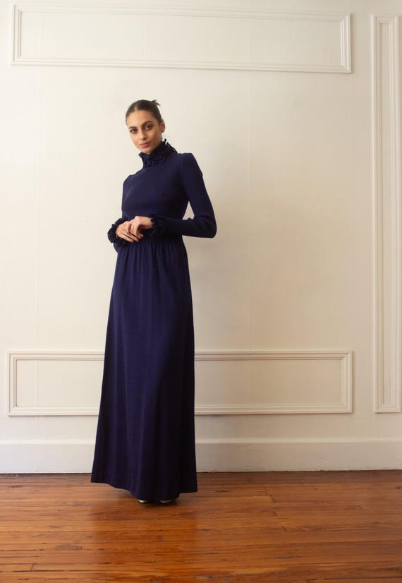 blue ribbed maxi dress 1970s Roncelli Sapphire Blue Ribbed Knit Maxi Dress