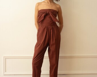 1980s Hazelnut Cotton Strapless Wrap Jumpsuit