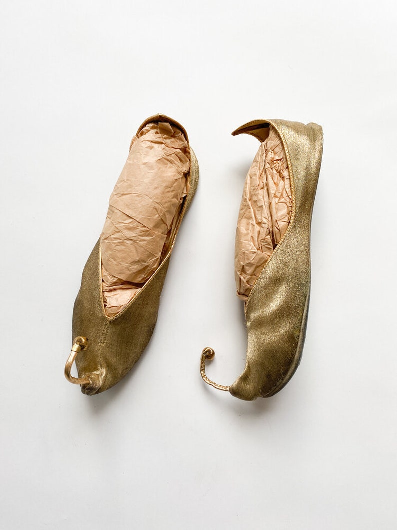 1960s Gold Lam\u00e9 Curled Toe Slippers