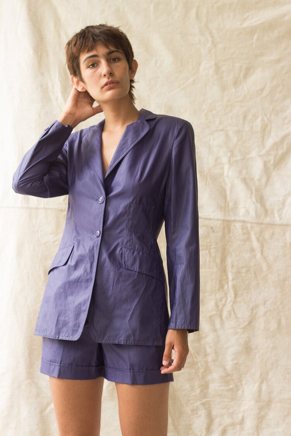 1980s Mondi Indigo Coated Linen Shorts Suit
